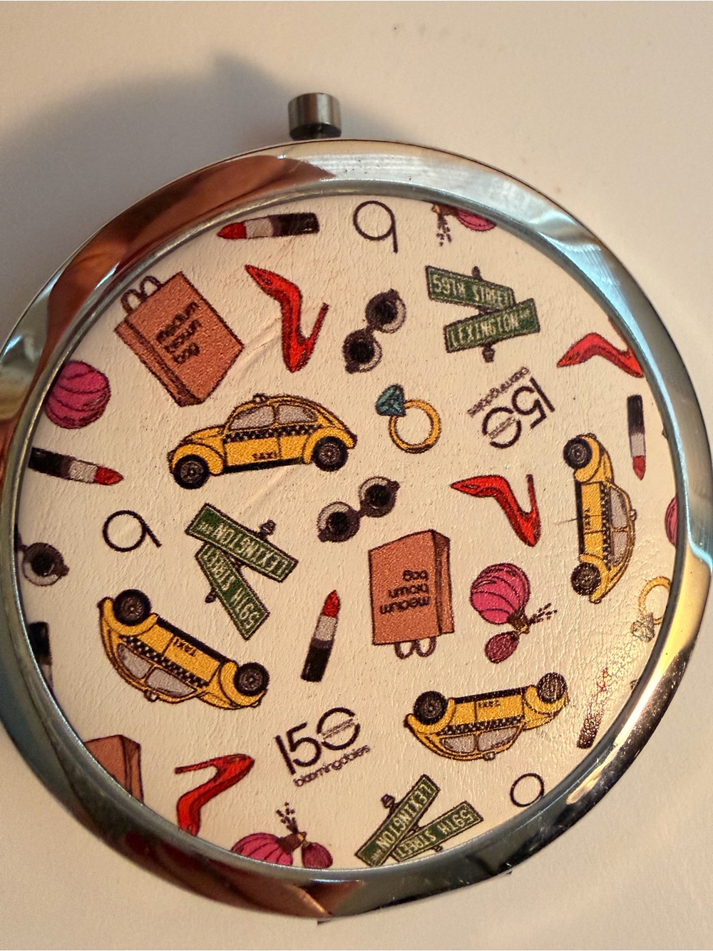 Bloomingdale's Round Compact Mirror with Yellow Taxi and Fashion Motifs